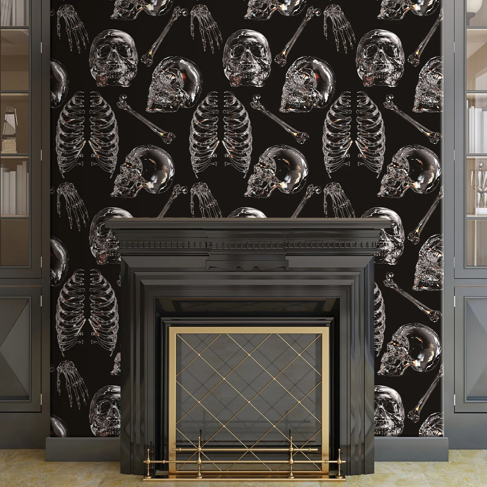 Dark Colored Glass Skull Wallpaper Chic Black Transparent Skeleton Wall Contact Paper Halloween Festival Self Adhesive Wallpaper