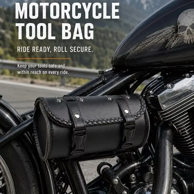 Vintage Braided Cylindrical Motorcycle Handlebar Bag PU Leather Universal Cruiser Fork Tool Storage Saddle Pouch
