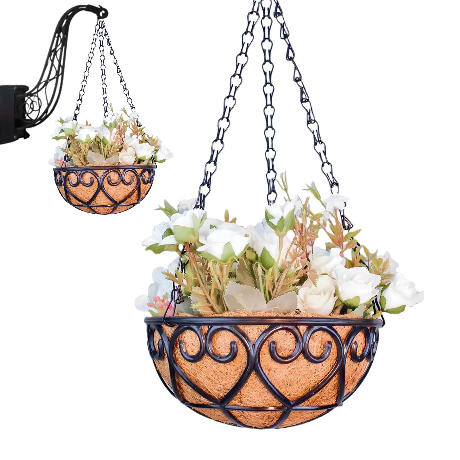 Resin Flower Pots Hanging Planter Coconut Liner Round Plant Holder With Chain Trailing Basket For Patio Garden Home