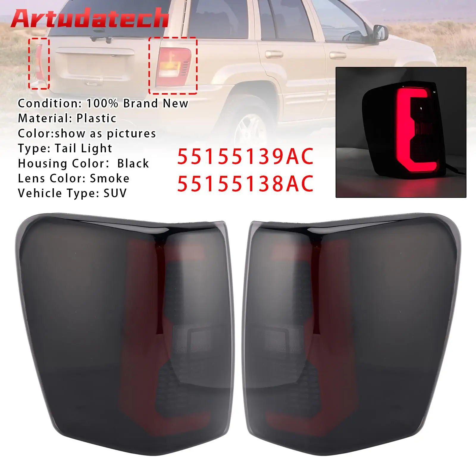 Artudatech 2PCS Smoke Black Brake Tail Lights Tailight For Jeep Grand Cherokee 1999 2000 2001 2002 2003 2004