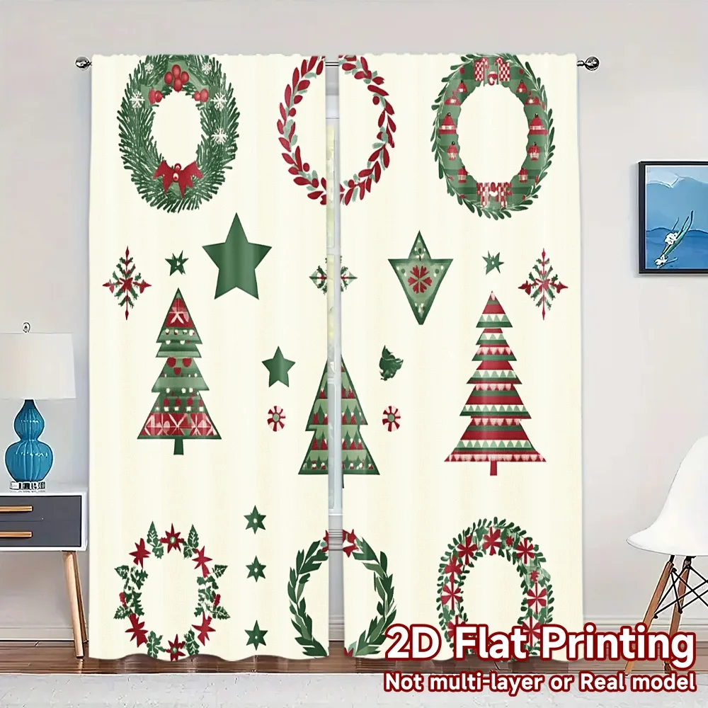 2pcs,Curtains Christmas Trees Wreaths Bows Stars (3) Popular Light Filtering Curtains Durable Polyester Curtains Versatile All