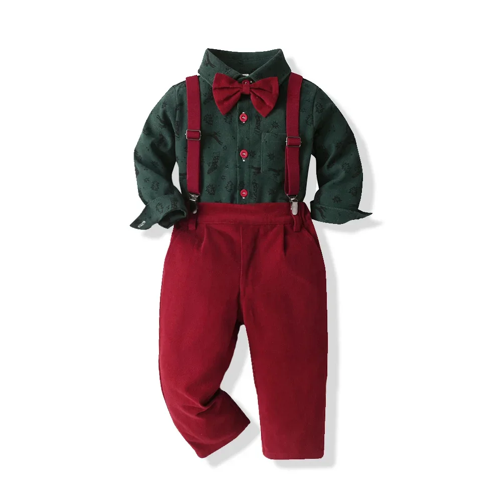 2024 New Children\'s Christmas Clothing Autumn/Winter Long sleeved Shirt Strap Pants Set Christmas Party New Year Gift