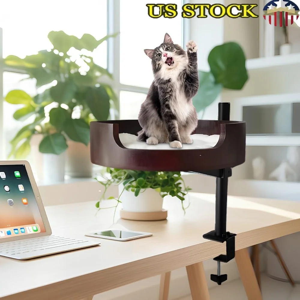

Adjustable Wooden Cat Desk Bed Pet Attachment Home Office Study with Plush Mat Ball Mouse Toy