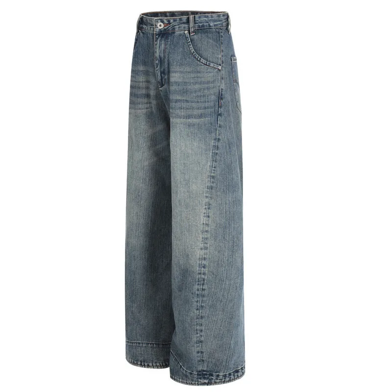 سراويل الأب الفضفاضة متعددة الاستخدامات للرجال أوروبية وأمريكية عالية الشارع فاسق ريترو مغسولة المتعثرة واسعة الساق مستقيمة الساق من قماش الدنيم