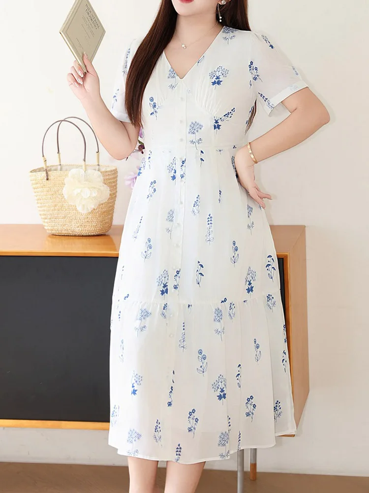 French Chiffon V-neck Floral Print Little White Dress Women Plus Size Summer 2024 Good Quality Elegant Puff Sleeve Lady Dress