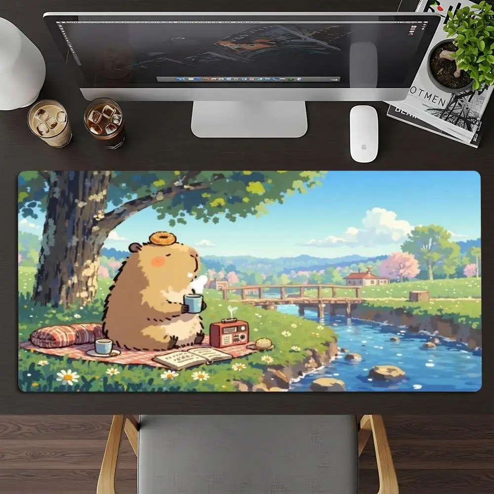 XXL Kawaii Capybara Mousepad Jungle River Parrot Scenery Deskmat Non-Slip Rubber PC Keyboard Game Desk Mats Gamer Mouse Mat