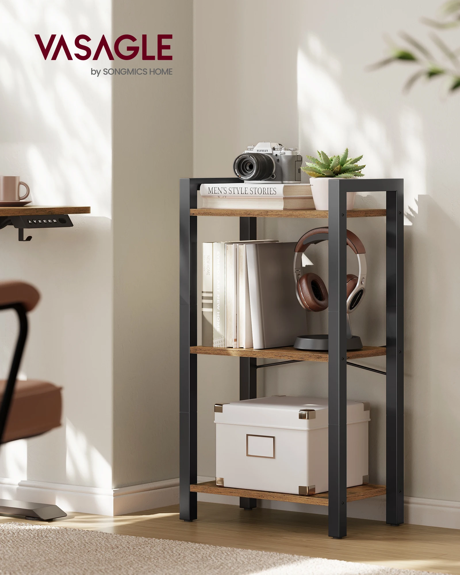 خزانة كتب VASAGLE 3 طبقات، مكتبة، خزانة كتب للمكتب، الدراسة، غرفة المعيشة، غرفة النوم، 24 × 40 × 76.5 سم، صناعية، بني ريفي