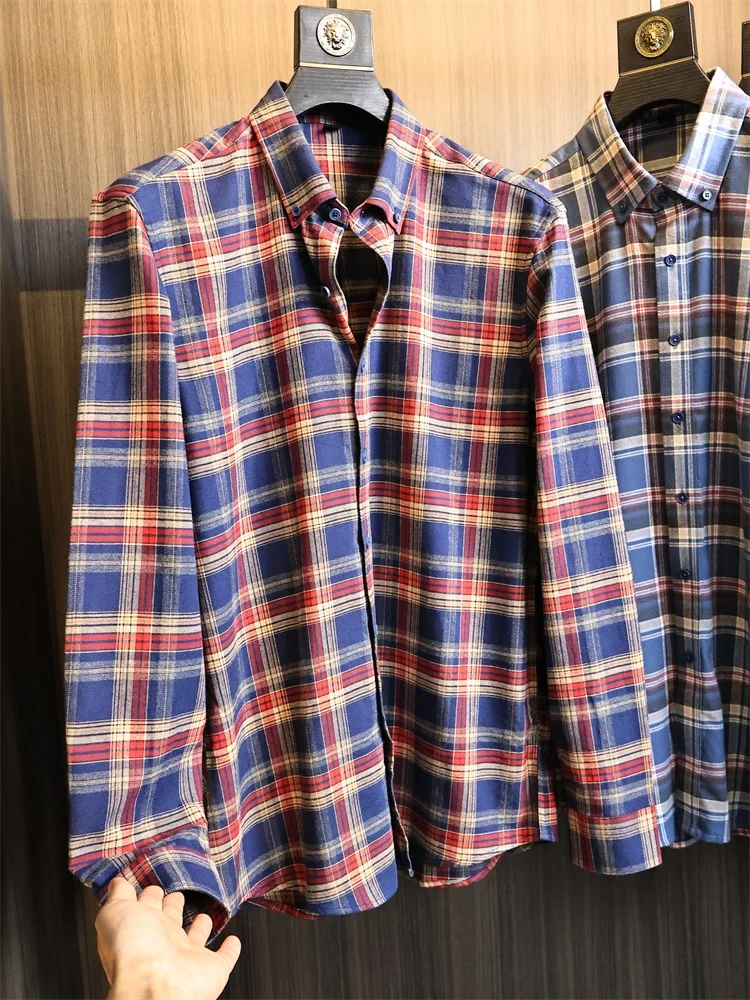 

Retro Colored Woven Plaid Men's Skin-friendly Fleece Cotton Long Sleeve Shirt Breathable Warm Stand Collar Fashion Urban Style