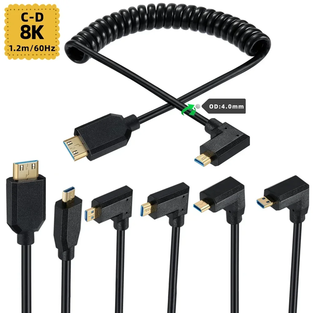 2.1Version 8K@60Hz 4K@120Hz Micro HDMI-kompatybilny męski adapter złącza męskiego typu D do typu C Mini HDMI kabel zwinięty