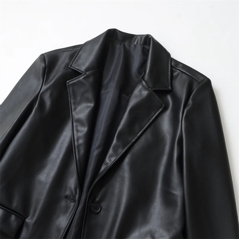 Giacca da abito in ecopelle nera primavera allentata monopetto colletto dentellato manica lunga cappotto femminile streetwear Chaqueta Mujer