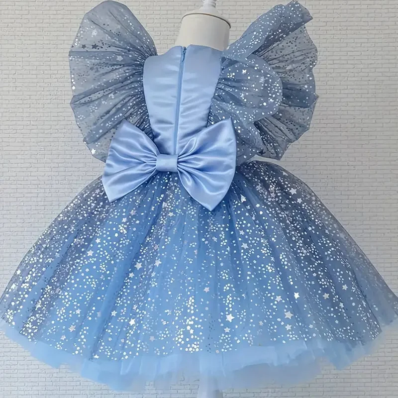 Abito da principessa con fiocco e maniche volanti con paillettes a stella di lusso per neonate per neonato, primo anno, compleanno, battesimo, Natale, abito da ballo
