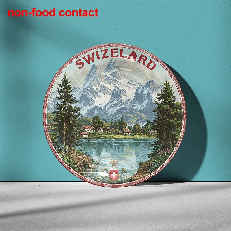 One Piece of 8-Inch Round Ceramic Wall Art Plates Featuring a Landscape of a Swiss Mountain Lake Village, Perfect for Vintage