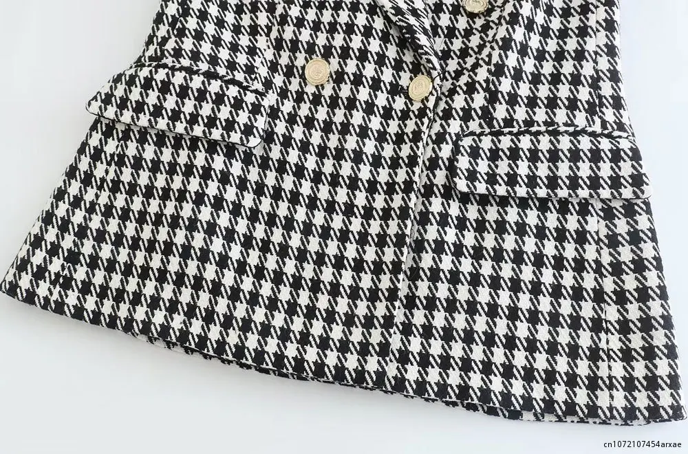 Damska modna dwurzędowa marynarka w Houndstooth w stylu Vintage z długimi rękawami z patkami damska odzież wierzchnia eleganckich kamizelek