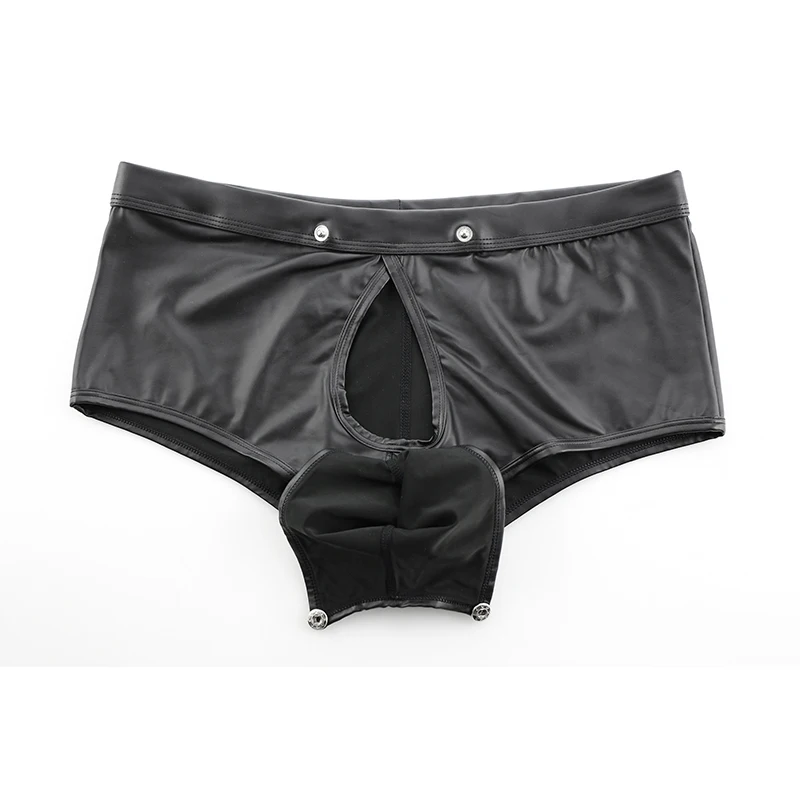 CLEVER-MENMODE Sexy Men Underwear Boxer Boxershorts Faux Leather Open Front Big Penis Pouch Underpants Panties Erotic Lingerie