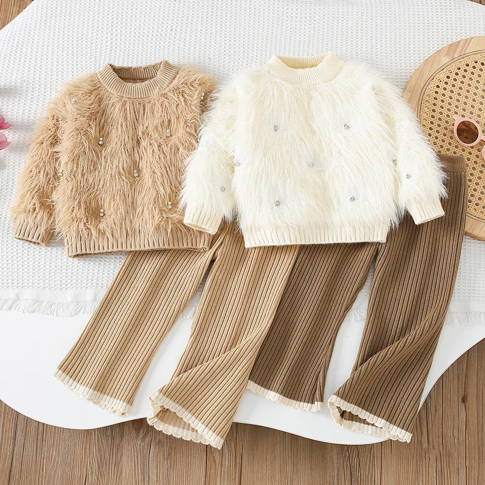 

Girls Knitted Clothes Sets Spring Autumn Children Woolen Jersey Sweaters Tops Pants 2pcs Fur Suit For Baby Princess Outfits Kids