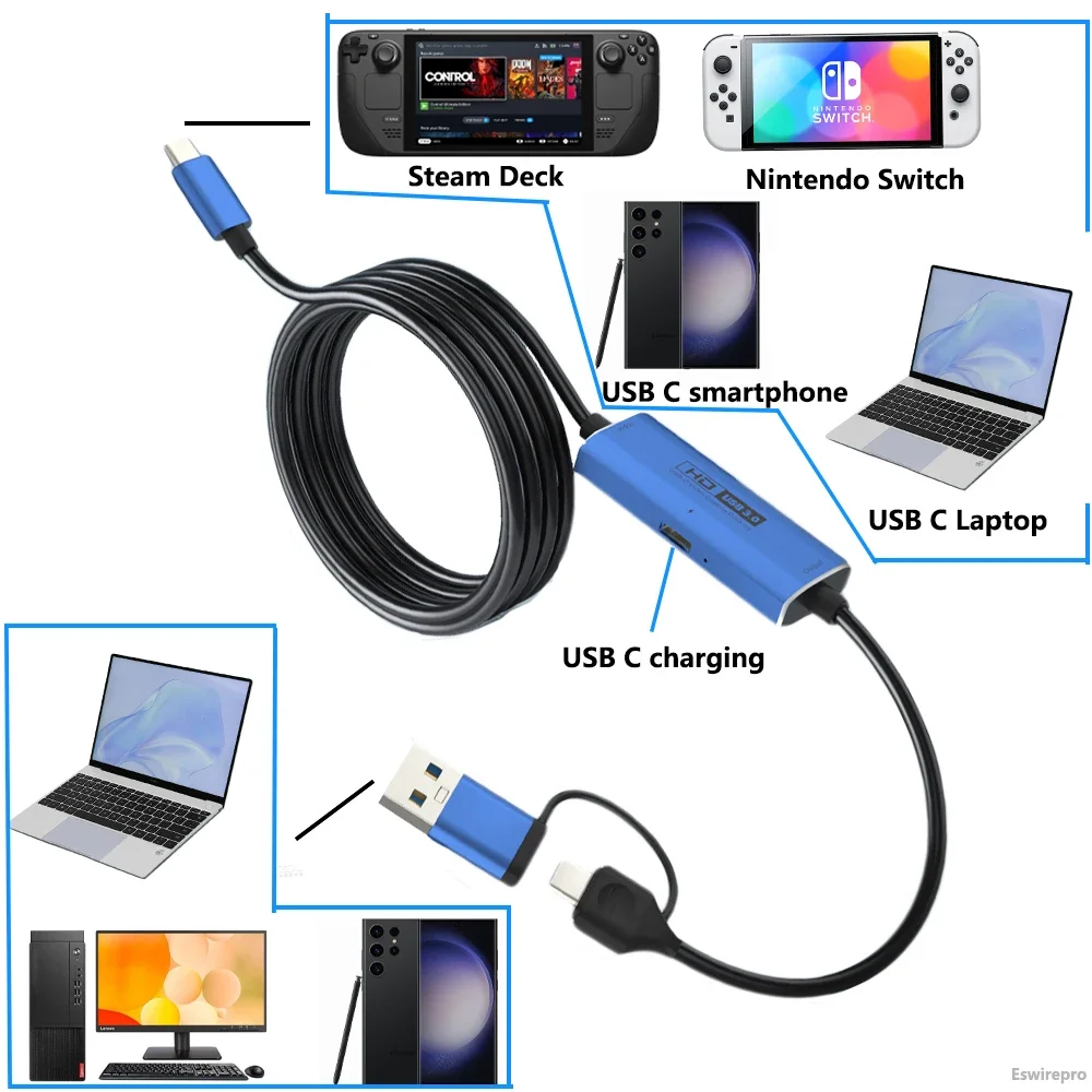 Dispositivo grabador de captura de vídeo USB C, caja de transmisión en vivo, Grabber para Nintendo Switch Steam Deck iPhone 15 Pro Max, placa de captura