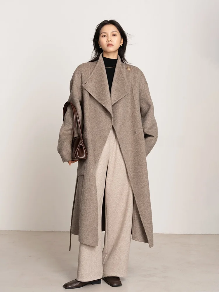 

Double-Faced Camere Long Coat Women's Ele Simple Sle Stand Collar Overcoat Wool Silk Mix Commute Friendly