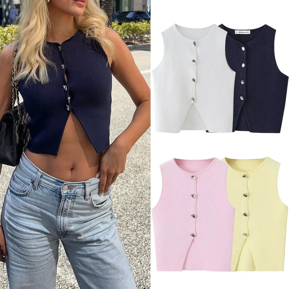 

TRAF ZR Y2k Knitted Women Top Summer O-neck Knitwear with Golden Buttons Tanks & Camis Off Shoulder Cardigan Front Hem Open Vest