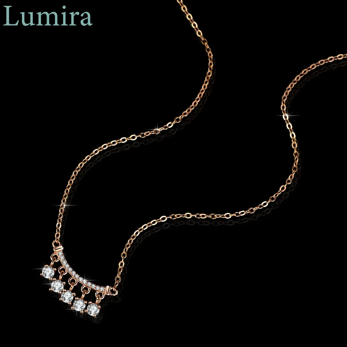 Lumira Chinese-Style Chime Tassel 18K Rose Gold Necklace Mossanite Pendant for Women Collar Bone Chain Charm Fine Jewelry Gift
