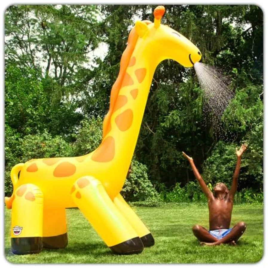 Backyard water toy: inflatable giraffe sprinkler for kids, PVC material, yellow-brown color, quick inflate/deflate for easy sum