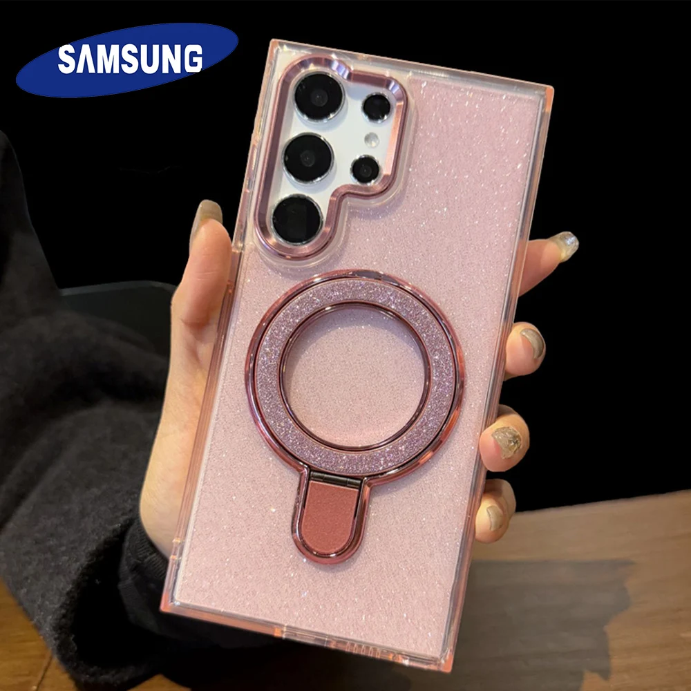 

Orignal Transparent Glitter Bling Magnetic Stand Holder Case For Samsung S22 S23 S24 S25 Ultra Plus FE A55 A53 A35 A24 A14 Cover