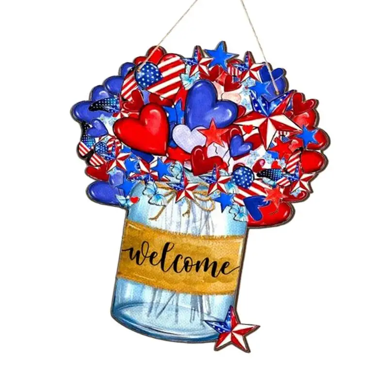 4th Of July Door Sign Farmhouse Patriotic Door Hanger For Front Door 4th Of July Wooden Welcome Door Sign For Independence Day