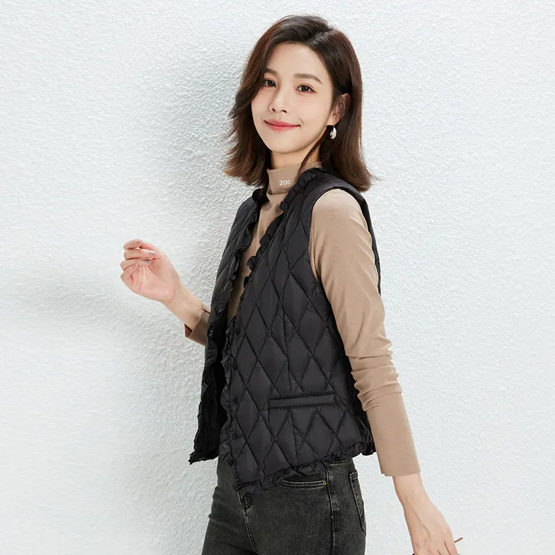 NEW 90% Duck Down Vest Spring Autumn Women Ultra light Thin Down Fashion Ruffle Design Vest Warm Winter Slim Waistcoat