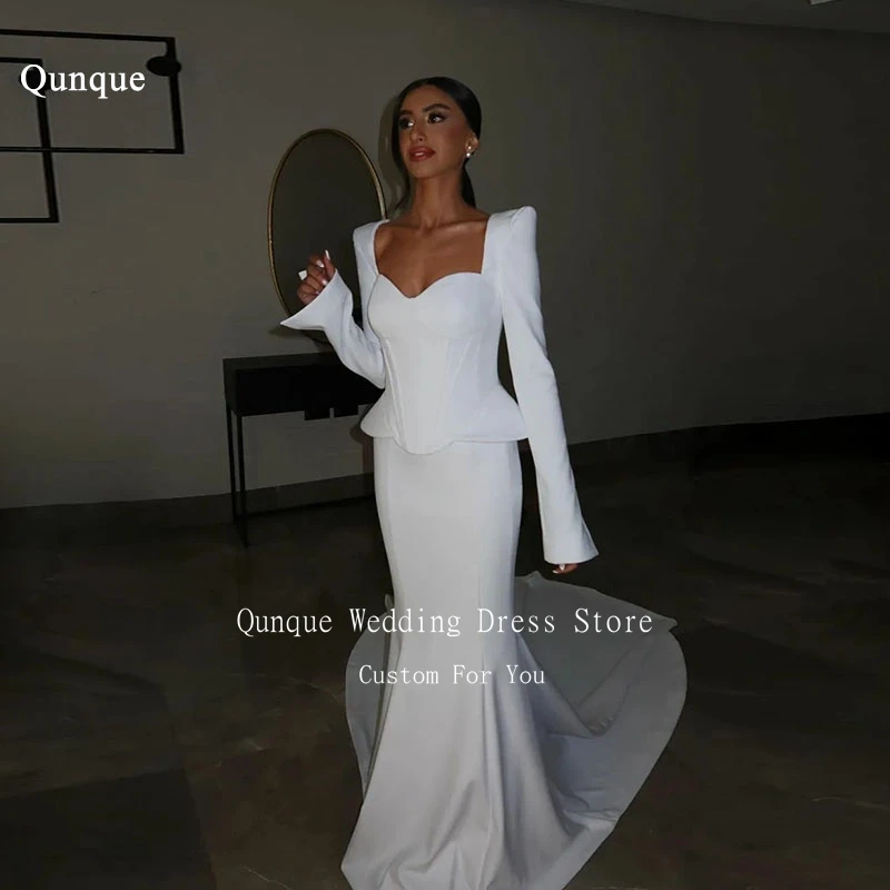 Qunque Vitage Satin Wedding Dress Long Sleeves White Sweep Train Bridal Gowns Mermaid Coeset Back Vestidos De Fiesta Customized