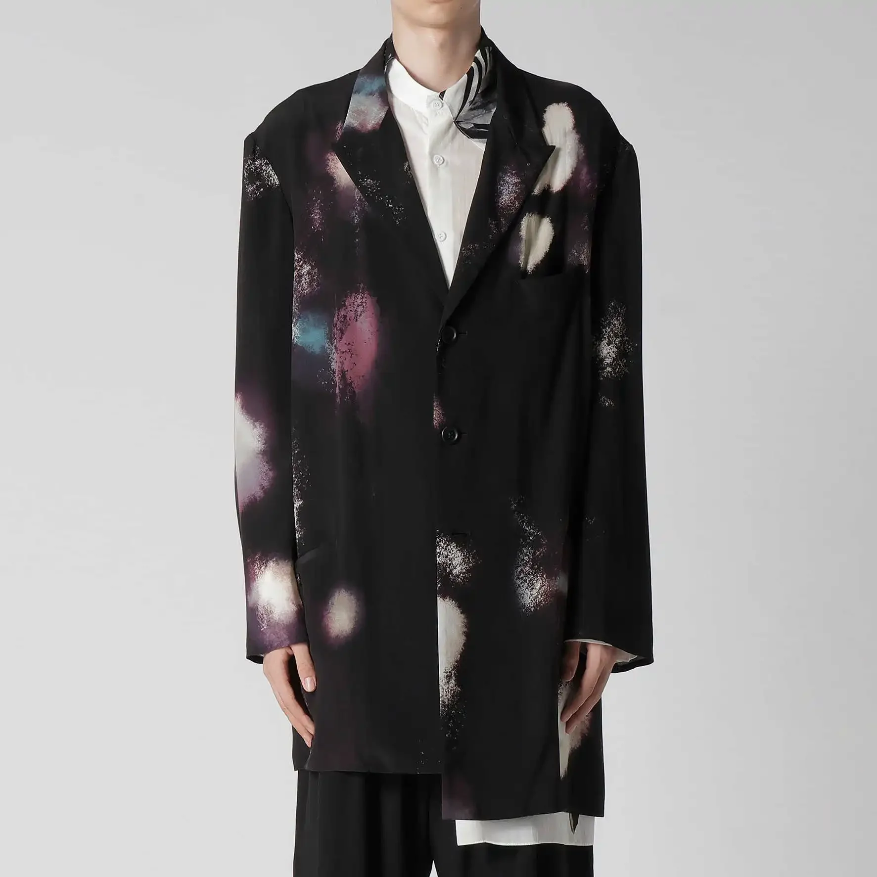 

YOJI OOAK Japanese original inkjet color print single breasted asymmetrical hem long sleeved suit jacket for men