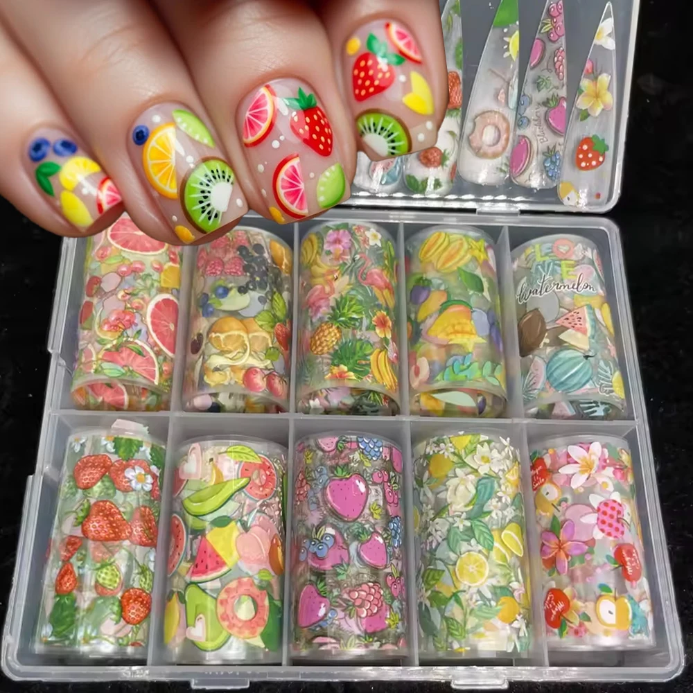 10Rolls 4x50CM Summer Fruits Nail Foils Transfer Paper Lemon/Watermelon/Strawberry Nail Art Stickers DIY Fruit Manicure Decals#-