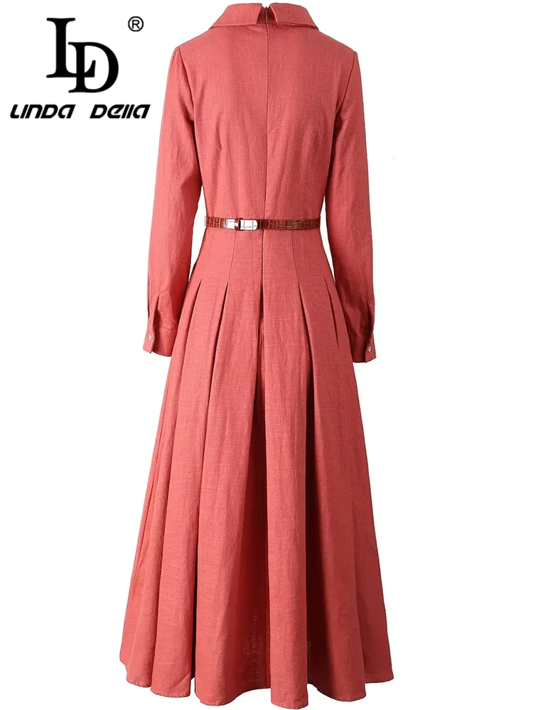 LD LINDA DELLA Elegant Commuter Solid Color Women\'s Dress Autumn Winter Turn-Down Collar Lace-UP linen long sleeves Dresses