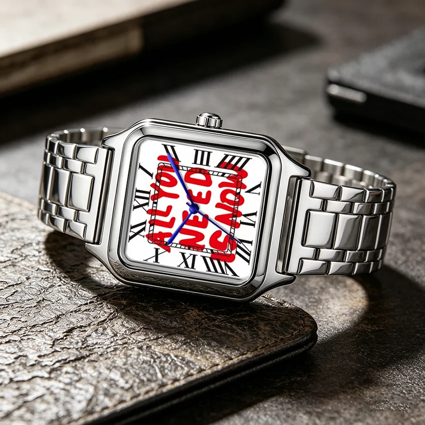 Ladies' Men Square Luxury Watch, Slogan Text on the Large Dial, 30-Meter Water Resistance, Elegant Design, Stainless Steel Strap