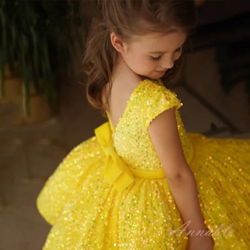 Annabelle-vestido de princesa con espalda descubierta y lazo para niña, traje de fiesta de cumpleaños, boda, Bola de lentejuelas hinchadas