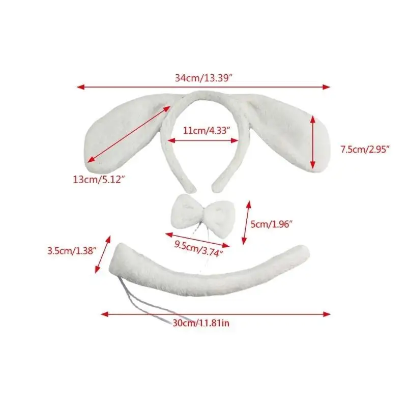 652F Plush Animal Hair Hoop Long Ears Dog Headband + Bow + Tail Set for Gatherings