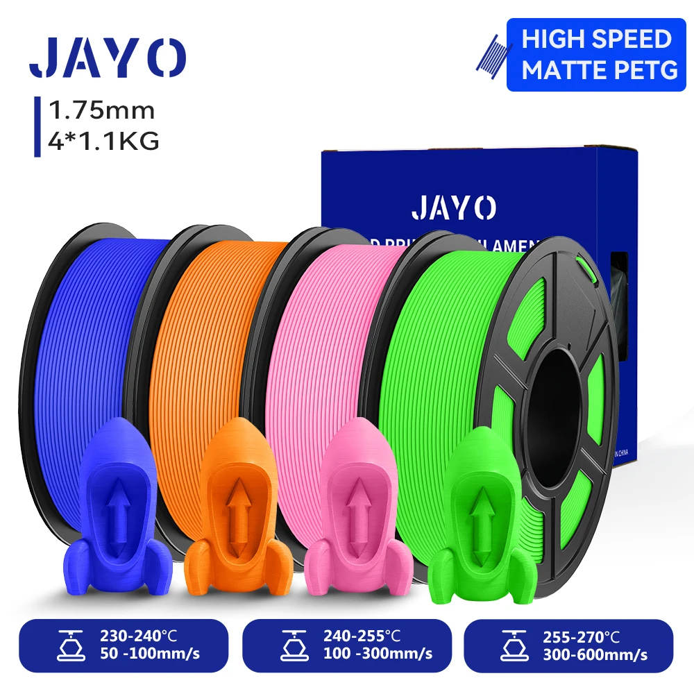 JAYO PETG 3D-filament 1,75 mm hoge snelheid PETG 3D-printerfilament 4 rollen High Flow snel mat effect 3D-printmaterialen
