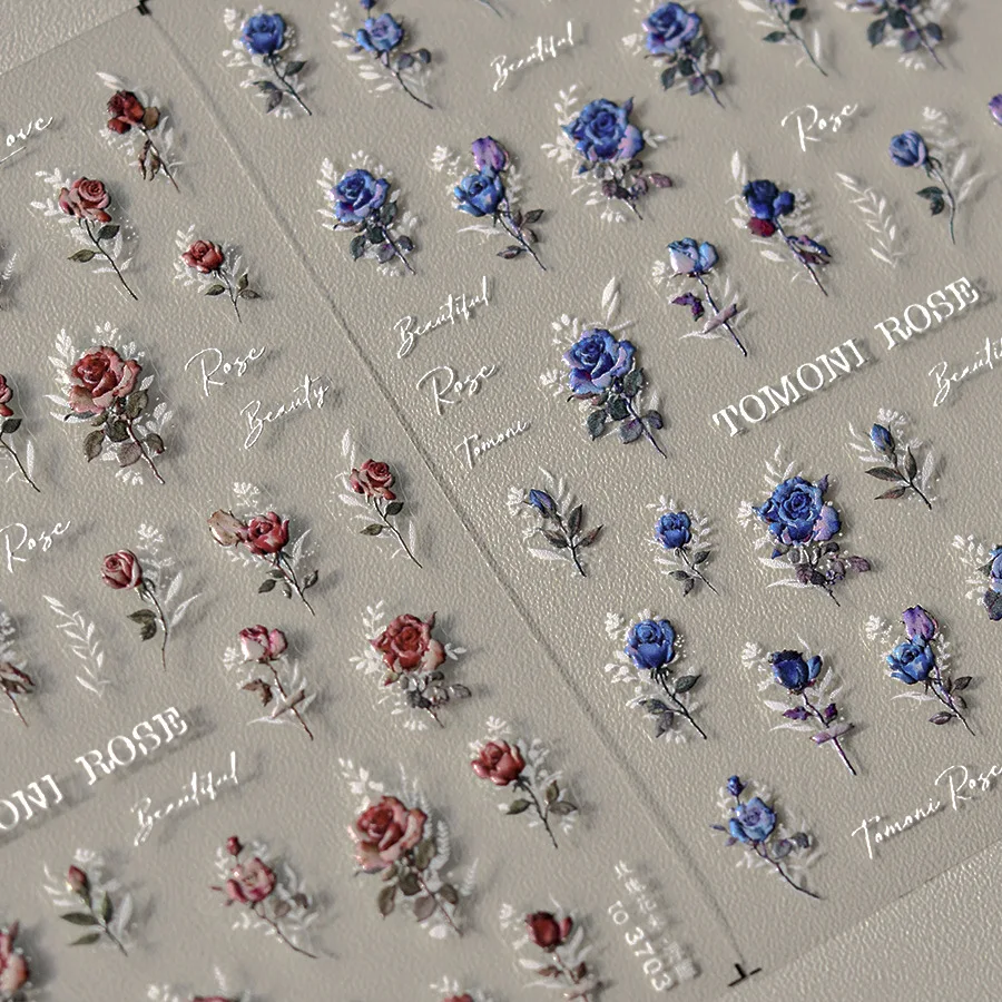 Vintage Red & Blue Rose Flower Laser Gold Silver Nail Stickers Nail Art Decal Design Manicure Tool High Quality