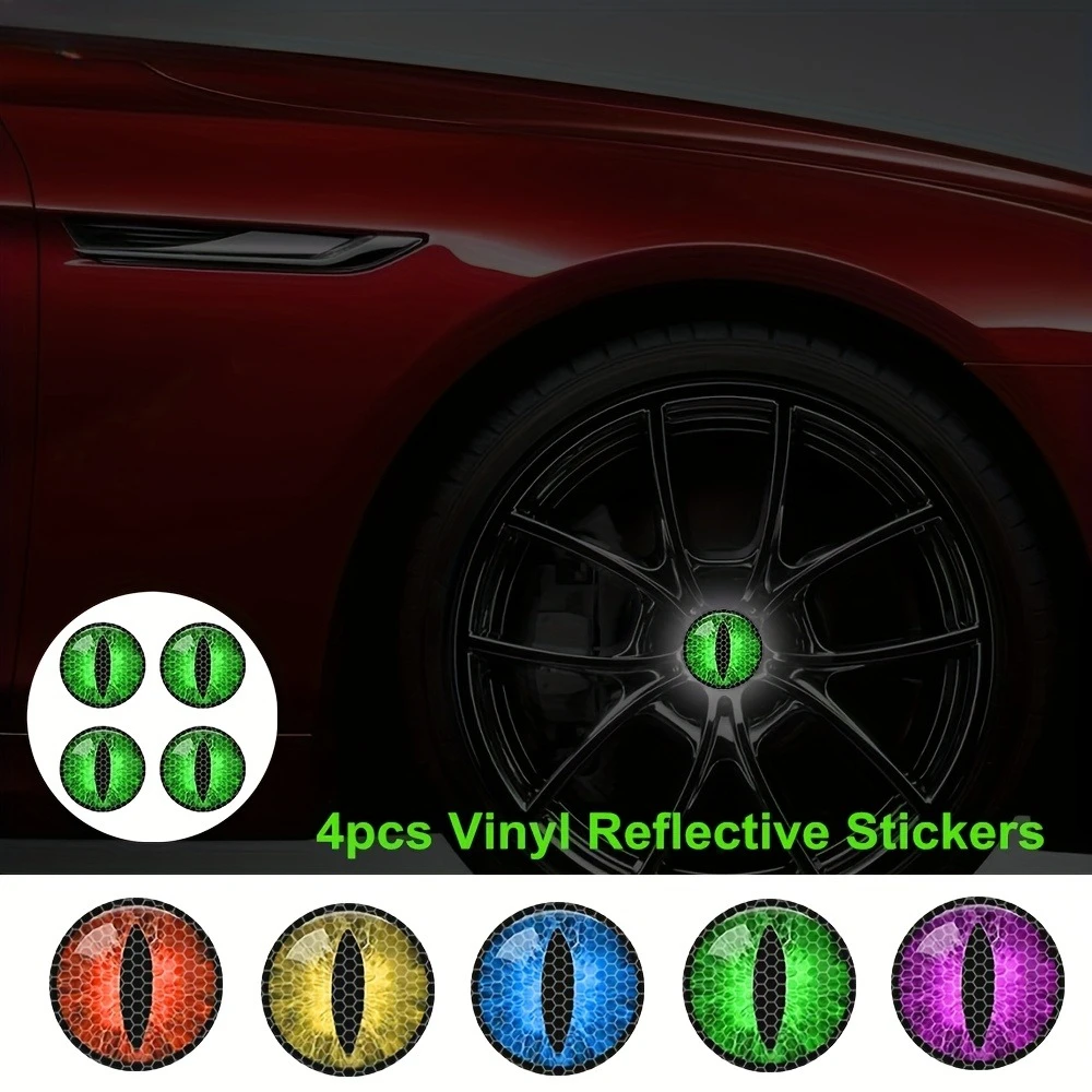 4PCS Reflective Monster Eyes Car Stickers Waterproof Warning Night Safety Driving Vinyl Decals for Auto Truck SUV Wheel Hubs