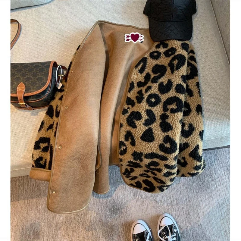 Imitation Lamb Leopard Print Jacket Women Autumn Winter Large Size Loose Faux Fur Short Top Casual V-neck Long Sleeved Warm Coat