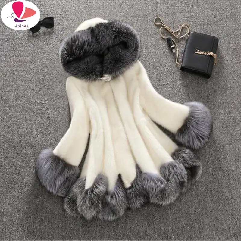 APIPEE Large Size 2024 Fashion Autumn And Winter Women Faux Fur Hooded Coat Thick Warm Fur Jacket S-5XL Women Grey Cloak