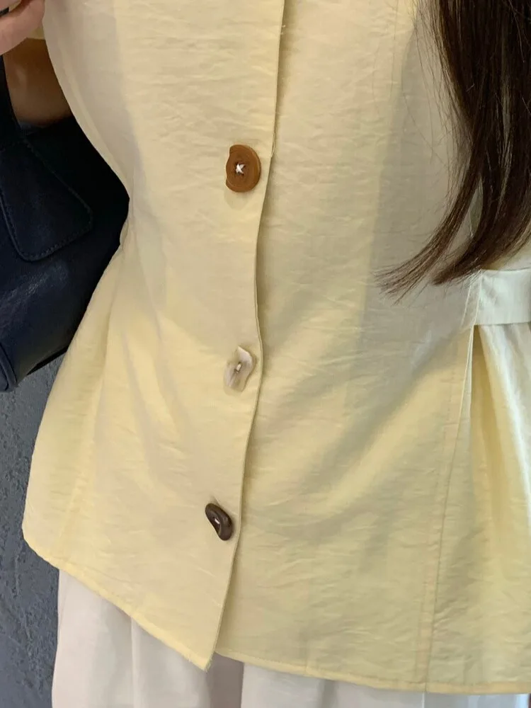 

Ele Women's ort Sve irt V-Ne Button Design Slimming Faionable Korean Sle Top Straight Cut Summer