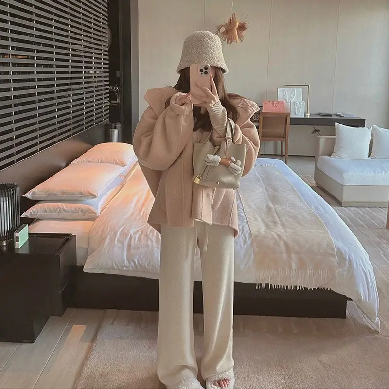 

Women's Autumn Winter New Pink Cute Woolen Jacket Women Hooded Pure Color Midi Length Hepburn Style Woolen Coat