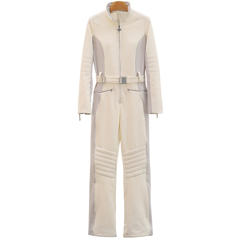 Faionable contraste cor fce forrado cintura cinching gola casual macacão de cintura alta calças femininas quentes 2025 inverno