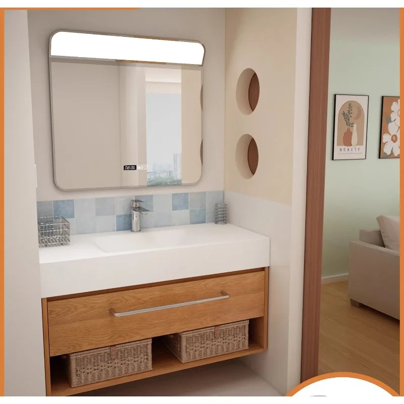 White oak solid wood lacquered bathroom cabinets, bathroom countertops, sinks, slate hot bending integrated basins, medieval sty