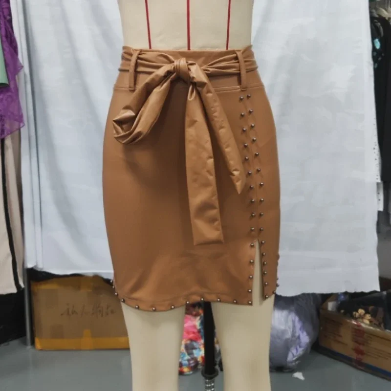

Women's motorcycle dress 2025 summer latest trend street leader PU leather split beaded tie up detail short skirt Skinny skirt