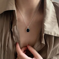 VOQ Silver Color Oval Black Onyx Necklace for Women Vintage Long Pendant Statement Necklaces Fashion Party Jewelry