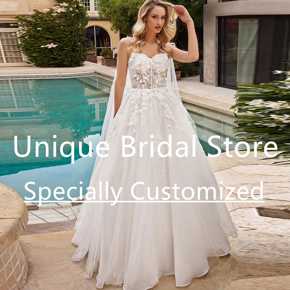 Customized Chic Tulle Bridal Gown Spaghetti Strap Applique V-Neck Vestido De Noiva Backless Back Zipper Lace Classic A-Line Wedd