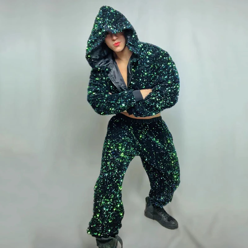 بار ملهى ليلي DS جوجو زي الذكور القطب ملابس الرقص ملابس الجاز الرجال الأخضر الترتر معطف السراويل عرض مسرحي الهذيان الزي XS5640