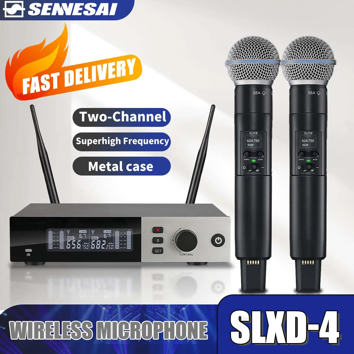 Top Quality！SLXD-4 Professional Dual Wireless Microphone Stage Performance 2 Channels 600-699 UHF Karaoke Metal Beta58 Handheld