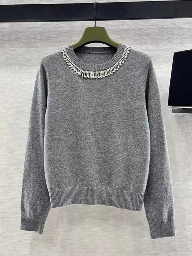 Heavy craft nailed bead rhinestone pendant round neck wool pullover 2024 fall women's new fashion all-match knitted sweater