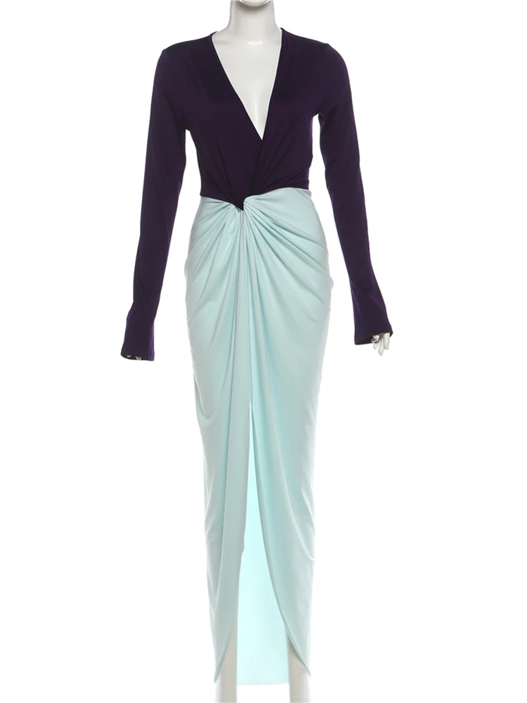 Nibber 패션 명암 컬러 패치 워크 긴 원피스 여자 깊은 V-Neck 플라 슬리브 Ruched Hem Street 우아한 스키니 베스티도